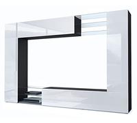 Vladon Mueble de salón Mirage, 2 Puertas, 2 Puertas abatibles y 6 Estantes de Cristal Abiertos, Negro Mate/Blanco de Alto Brillo (262 x 183 x 39 cm)