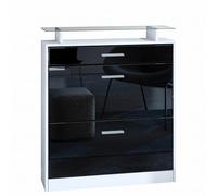 Vladon Zapatero Loret, Armario para Zapatos para 16 Pares de Zapatos con 2 Puertas abatibles y 1 Cajón y Estante de Cristal, Blanco Mate/Negro de Alto Brillo (89 x 104 x 23 cm)