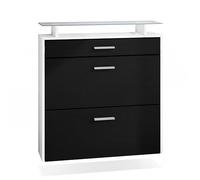 Vladon Zapatero Malea, Zapatero Colgante para 16 Pares de Zapatos con 2 Puertas abatibles y 1 Cajón y Estante de Cristal, Blanco Mate/Negro Mate (89 x 96 x 23 cm)
