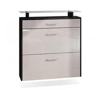 Vladon Zapatero Malea, Zapatero Colgante para 16 Pares de Zapatos con 2 Puertas abatibles y 1 Cajón y Estante de Cristal, Negro Mate/Gris Arena de Alto Brillo (89 x 96 x 23 cm)