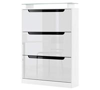 Vladon Zapatero Space, Armario para Zapatos para 24 Pares de Zapatos con 3 Puertas abatibles y Estante de Cristal, Blanco Mate/Blanco de Alto Brillo (89 x 128 x 23 cm)