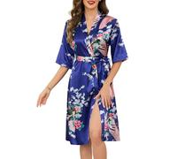 Vlazom Albornoz de Kimono para Mujer, Albornoces Largos de Satén con Estampado de Pavos Reales y Flores(XL,Azul)