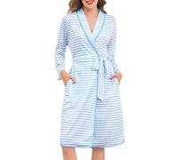 Vlazom Albornoz Kimono para Mujer de Algodón - Rayado, Manga Larga, Ligero con Bolsillos - Ropa de Casa y Loungewear Cómodo Tallas(S,Azul claro)
