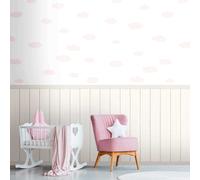 Vlies-Motivtapete Con Holz-Optik-Sockelborte Y Wolken-Muster - Blanco, Rosa, Gra