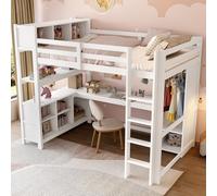 VLIVRA Cama alta de 140 x 200 cm con escritorio y armario de madera | Cama juvenil con estante, espacio de almacenamiento, marco de cama con protección anticaída para habitación infantil