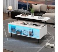 VLIVRA Mesa de centro LED regulable con puertas correderas de cristal, color blanco