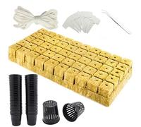 Vndnsy 122 cubos de semillas de lana de roca - Kit de copa de red de malla hidropónica - Incluye cubos de lana de roca 50P, hidroponía 50P, 20 etiquetas para plantas, 1 pinza, cuerda de algodón de