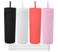 Volhoply 600ml Vasos de Plástico 4 Pack,Vaso de Doble Pared con Tapa y Pajita,Taza de Café Helado de Viaje Reutilizable,Tumbler de Agua de Acrílico Mate Sin BPA para Fiestas,Regalos (Mezcla,4 Set)
