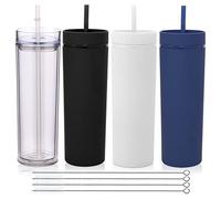 Volhoply 600ml Vasos de Plástico 4 Pack,Vaso de Doble Pared con Tapa y Pajita,Taza de Café Helado de Viaje Reutilizable,Tumbler de Agua de Acrílico Mate Sin BPA para Fiestas,Regalos (Surtido,4 Set)
