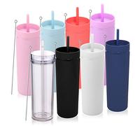 Volhoply 600ml Vasos de Plástico 8 Pack,Vaso de Doble Pared con Tapa y Pajita,Taza de Café Helado de Viaje Reutilizable,Tumbler de Agua de Acrílico Mate Sin BPA para Fiestas,Regalos (Surtido,8 Set)