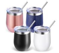 Volhoply Vaso de vino de acero inoxidable de 12 onzas con tapa a granel, paquete de 4, 350ml copas de vino sin tallo de doble pared al vacío, taza de café de viaje de metal con pajita, taza aislada