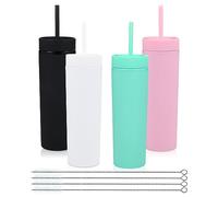 Volhoply Vasos delgados de plástico de 16oz / 470 ml con tapa y popote a granel, doble pared, taza de café helado reutilizable, sin BPA, tazas de agua acrílicas mate (surtido, 4 unidades)