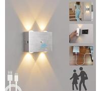 VOMI Luz Sensor Movimiento Interior Aplique Pared Sin Cable con Interruptor Recargable Lampara Pared Pilas 4000 mAh 2 Modes, Montaje Magnético Iluminacion de Aluminio, Plata