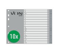 VON Leitz 13030085 - Separadores alfabéticos A-Z para carpetas, tamaño A4, cartón de polipropileno, media altura, extra ancho, pestañas universales de 11 agujeros, separadores alfabéticos, gris, 10