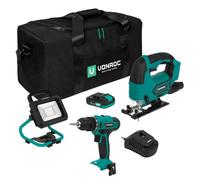 VONROC Juego de herramientas/máquina VPower 20 V - Bolsa de herramientas incluye: taladro inalámbrico, sierra de calar, luz de trabajo, 1 batería de 2,0 Ah y cargador rápido