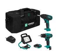 VONROC Juego de herramientas VPower 20 V - Taladro de impacto inalámbrico, atornillador de impacto, lámpara de trabajo, 2 baterías de 2,0 Ah y un cargador