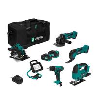 VONROC Juego de herramientas VPower 20V - Bolsa de herramientas incl.: taladro de impacto, sierra de calar, multiherramienta, amoladora angular, sierra circular, linterna, 2 baterías 4.0Ah y cargador