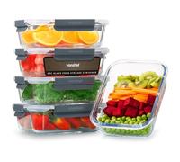 VonShef Recipientes de vidrio con tapas - set de 5 fiambreras para meal prep, capacidad de 1 L, aptas para horno y lavavajillas, sello hermético a prueba de fugas, ideal para batch cooking