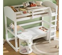 Vopese Litera con Escritorio Extraíble y Sofá, Cama Alta de Madera Maciza Blanca, 90x200 cm, para Dormitorio Infantil, Robusta y Segura con Barandillas