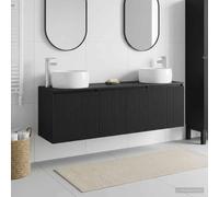 Vopese Mueble de baño suspendido Negro Madera ingeniería 49,5x44,5x66 cm con Lavabo y Armario Central 62,5x44,5x50 cm, sin Orificios, Puertas bisagra 90°, almacenaje Amplio para baño Moderno