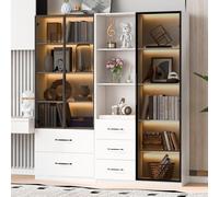 Vopese Vitrina LED Modular 140x40x160 cm con Luz Multicolor, Armario de Vidrio Templado con Estantes y Cajones, para Salón, Comedor o Cocina