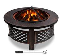 VOUNOT® Brasero Exterior de Metal Ø81 cm con Pantalla Antichispas, Tapa y Atizador, Pozo de Fuego Fire Bowl Redondo para Jardín Terraza, Negro