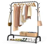VOUNOT® Burro Ropa Resistente, Perchero Burro Metálico con Soporte para Zapatos, Organizador de Ropa con Zapatero y Ganchos Laterales, Colgador para Dormitorio y Vestidor, 110x41x147 cm, Negro