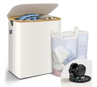 VOUNOT® Cesto Ropa Sucia con Tapa 145L Cesta para la Colada Cubo Ropa Sucia Plegable con Ruedas Bolsas Interiores Extraíble Asas de Bambú Laundry Basket para Lavandería Dormitorio Cuatro de Baño Beige