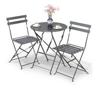 VOUNOT® Conjunto de Muebles de Jardín Plegable 3 Piezas, Set de Bistro con Marco de Acero Resistente y Respaldo, Juego de 1 Mesa Redonda y 2 Sillas Terraza, para Balcón, Jardín, Patio, Exterior, Gris