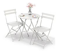 VOUNOT® Conjunto de Muebles de Jardín Plegable 3 Piezas, Set de Bistro con Marco de Acero Resistente y Respaldo, Juego de 1 Mesa Redonda y 2 Sillas Terraza, para Balcón, Jardín, Patio, Exterior Blanco