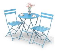 VOUNOT® Conjunto de Muebles de Jardín Plegable 3 Piezas, Set de Bistro con Marco de Acero Resistente y Respaldo, Juego de 1 Mesa Redonda y 2 Sillas Terraza, para Balcón, Jardín, Patio, Exterior, Azul