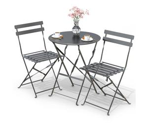 VOUNOT® Conjunto de Muebles de Jardín Plegable 3 Piezas, Set de Bistro con Marco de Acero Resistente y Respaldo, Juego de 1 Mesa Redonda y 2 Sillas Terraza, para Balcón, Jardín, Patio, Exterior, Gris