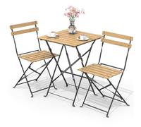 VOUNOT® Conjunto de Muebles de Jardín Plegable 3 Piezas, Set de Bistro con Marco Resistente y Respaldo, Juego de 1 Mesa Cuadrada y 2 Sillas Terraza, para Balcón, Jardín, Patio, Exterior Aspecto Madera