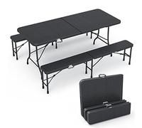 VOUNOT® Conjunto Plegable Mesa y 2 Bancos Plegables 180 cm Aspecto de Ratán, Set de Muebles Jardín Exterior para Picnic Camping Parrillas, Negro