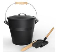 VOUNOT® Cubo Cenizas con Tapa y Set Barrido 5L Contenedor Ceniza con Asa, Pala y Escoba de Mano, Accesorios para Chimenea Estufa, Recipiente con Asas para Carbón y Restos de Leña, Metálico, Negro