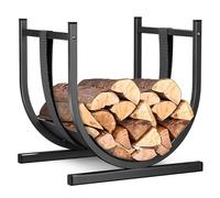 VOUNOT® Estante Almacenamiento Leña 41x37x39.5cm Soporte de Madera Metálico con Correa Seguridad, Cesto Leña Leñero Interior y Exterior en Forma de U Estantería Organizador para Troncos Chimenea Negro