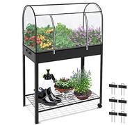 VOUNOT® Huerto Urbano Terraza Mesa de Cultivo Cubierta de Protección, Jardinera Elevada con Ruedas Asa Lateral y Estante Inferior, para Plantas Flores Verduras Jardín Interior Exterior, Negro