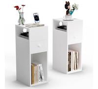 VOUNOT® Juego de 2 Mesita de Noche Estrecha con 2 Compartimentos Abiertos y 1 Cajón 25x30x66cm, Mesilla de Noche Pequeña Estilo Moderno, Mesa Auxiliar Alta para Dormitorio Salón Sala de Estar, Blanco