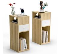 VOUNOT® Juego de 2 Mesita de Noche Estrecha con 2 Compartimentos Abiertos y 1 Cajón 25x30x66cm, Mesilla de Noche Pequeña Estilo Moderno, Mesa Auxiliar Alta para Dormitorio Salón Sala de Estar, Natural