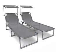 VOUNOT® Juego de 2 Tumbonas Plegables con Parasol, Tumbona Playera Reclinable 4 Posiciones, Estructura Acero y Tejido Textileno, Peso Máx. Soportado 110kg para Piscina, Jardín, Playa 190x58x27cm, Gris