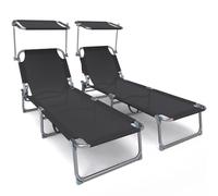 VOUNOT® Juego de 2 Tumbonas Plegables con Parasol, Tumbona Playera Reclinable 4 Posiciones, Estructura Acero y Tejido Textileno, Peso Máx Soportado 110kg para Piscina, Jardín, Playa 190x58x27cm, Negro