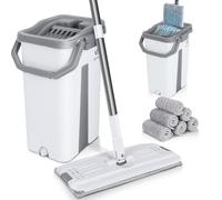 VOUNOT® Juego de Fregona y Cubo Escurridor 2 Compartimentos, Mopa Plana Microfibra con 6 Almohadillas Reutilizables, Trapeador Giratorio 360° Limpieza Suelos Madera, Laminado, Baldosas y Mármol Blanco
