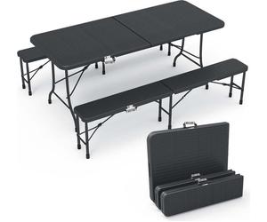 VOUNOT® Juego de mobiliario plegable para pabellón, de 3 piezas, que incluye 1 mesa para cerveza y 2 bancos para cerveza, con diseño de ratán, ideal para fiestas, jardines y campings, color