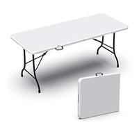 VOUNOT® Mesa Plegable Multifuncional 180 x 75 cm, Mesa de Fiesta con Asa de Transporte, para Jardín, Terraza, Balcón, Blanco