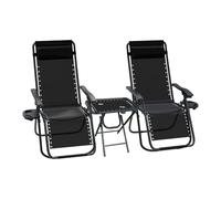 VOUNOT® Set de 2 Tumbona Jardín Exterior Plegable con Mesa Auxiliar Portavasos, Silla Reclinable con Reposacabeza Extraíble, Carga Máxima 120KG, Negro