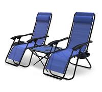 VOUNOT® Set de 2 Tumbona Jardín Exterior Plegable con Mesa Auxiliar Portavasos, Silla Reclinable con Reposacabeza Extraíble, Carga Máxima 120KG, Azul