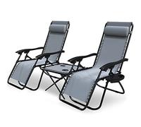 VOUNOT® Set de 2 Tumbona Jardín Exterior Plegable con Mesa Auxiliar Portavasos, Silla Reclinable con Reposacabeza Extraíble, Carga Máxima 120KG, Gris