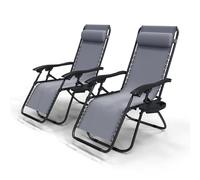 VOUNOT® Set de 2 Tumbona Plegable Multiposicione Jardín, Silla Gravedad Cero Reclinable, con Soporte para Bebidas y Reposacabezas Axtraíble, Carga máxima 120kg, Gris