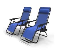 VOUNOT® Set de 2 Tumbona Plegable Multiposicione Jardín, Silla Gravedad Cero Reclinable, con Soporte para Bebidas y Reposacabezas Axtraíble, Carga máxima 120kg, Azul