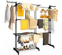 VOUNOT® Tendedero Vertical Plegable Extensible 4 Niveles 190x64x170cm Tendedores Ropa Torre 2 en 1 Secadora Multifunción con Alas Plegables Ruedas Estantes de Secado Ropa Interior/Exterior Negro-Gris